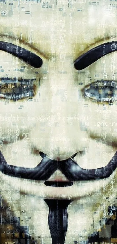 Anonymous mask with digital code overlay on a tech-themed background.