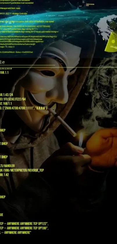 Anonymous hacker in a mask with dark cyber-themed background.