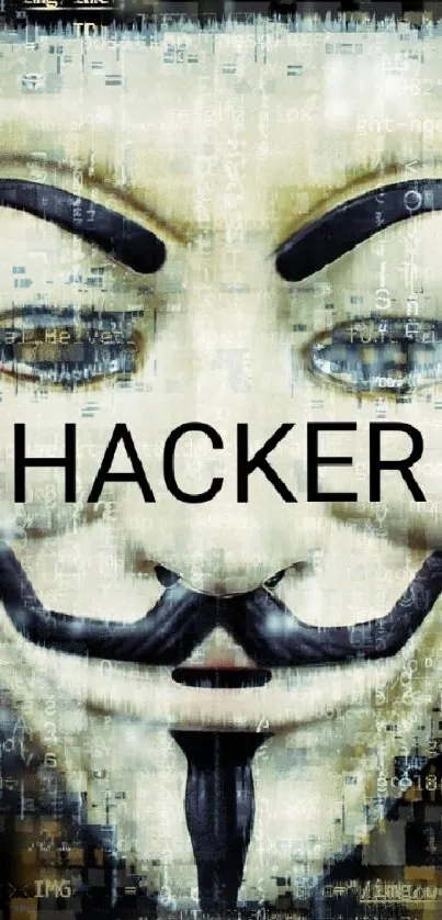 Anonymous hacker mask with digital code art, perfect for cyber enthusiasts.