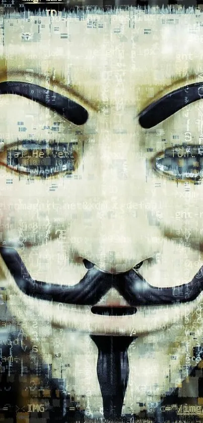 Anonymous hacker mask with digital code overlay wallpaper.