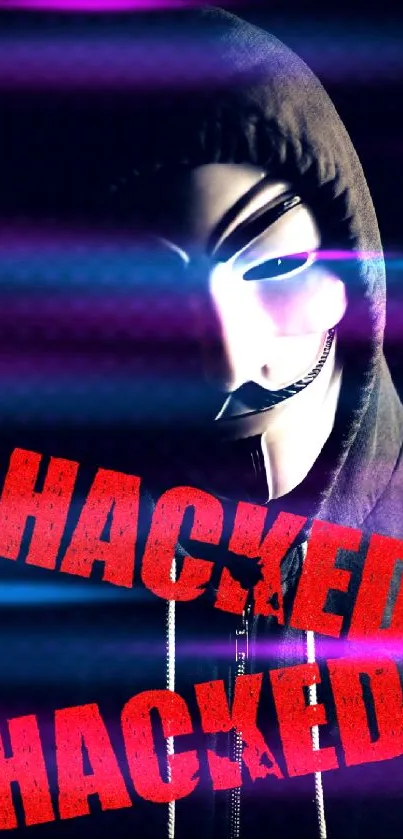 Anonymous hacker mask wallpaper with red 'hacked' text on dark background.