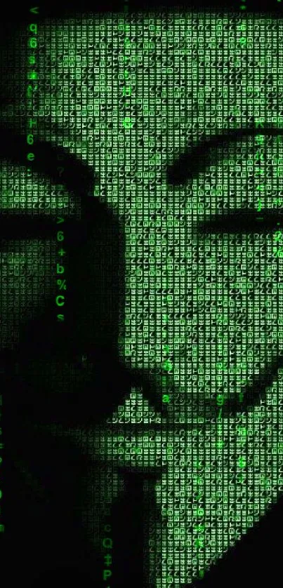 Anonymous mask on digital green code background.