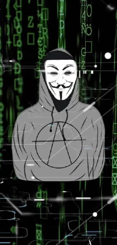 Anonymous hacker with matrix code background in black and green tones.