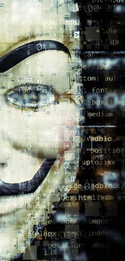 Anonymous mask digital art wallpaper with abstract code background.