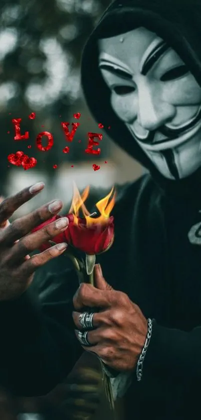 Anonymous figure with mask holding a fiery rose.