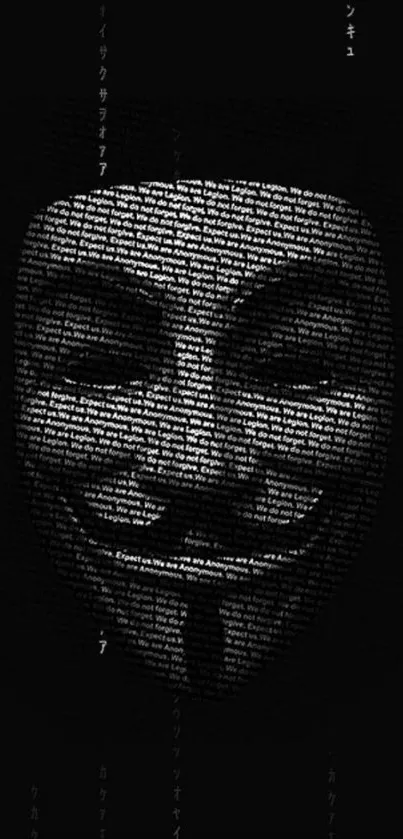 Dark themed Anonymous mask with text art design on a phone wallpaper.