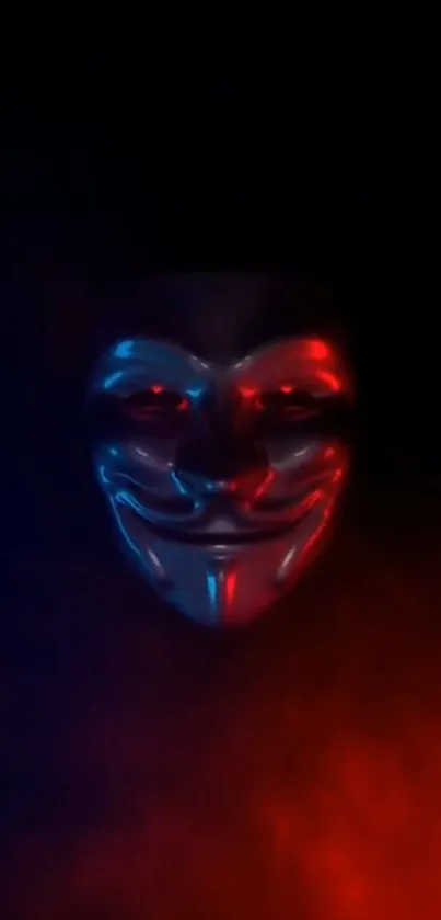 Anonymous mask with red and blue neon on a dark background.