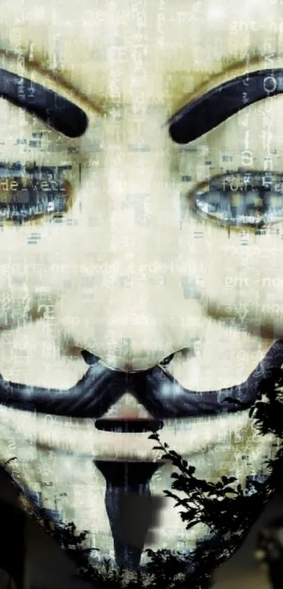 Anonymous mask with digital coding background in beige tones.