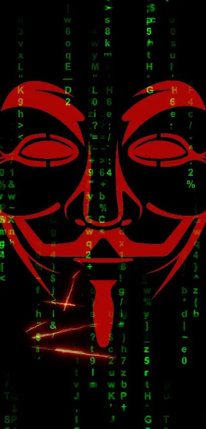 Anonymous mask with digital code backdrop.