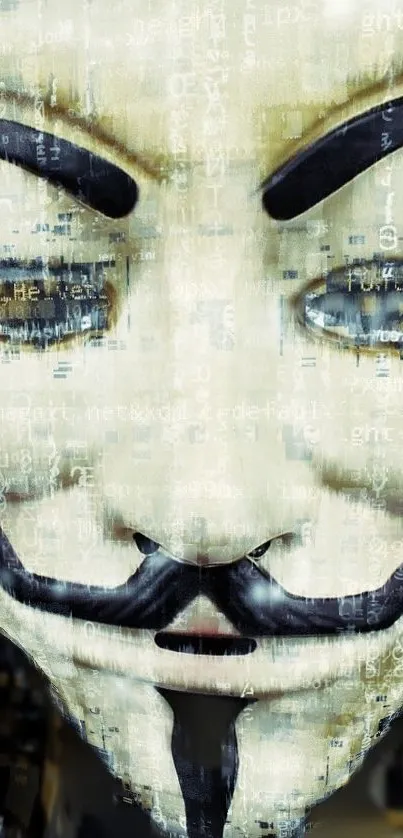 Abstract digital art of an Anonymous mask with coding background.