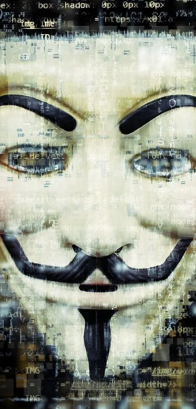 Anonymous mask with digital art overlay in beige and black tones.