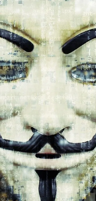 Anonymous mask with digital code background in olive tones.