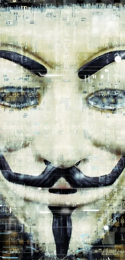 Digital artwork featuring an Anonymous mask with a cyber theme background.