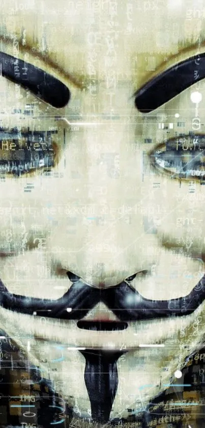 Digital art of an Anonymous mask with a techy background in dominant beige tones.