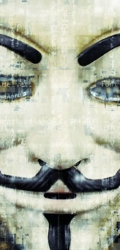 Cyber-themed Anonymous mask wallpaper with digital code overlay.