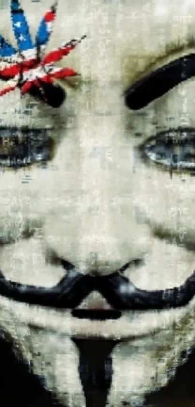 Anonymous mask with glitch effect and symbolic design on wallpaper.