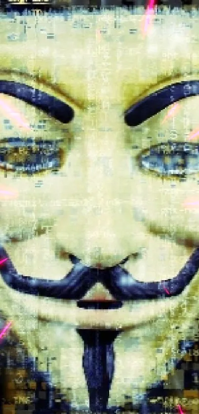 Anonymous mask with digital code backdrop in a mysterious wallpaper design.