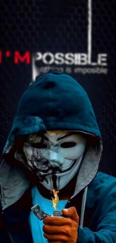 Anonymous figure wearing a mask, holding a flame, with 'I'M POSSIBLE' text in background.