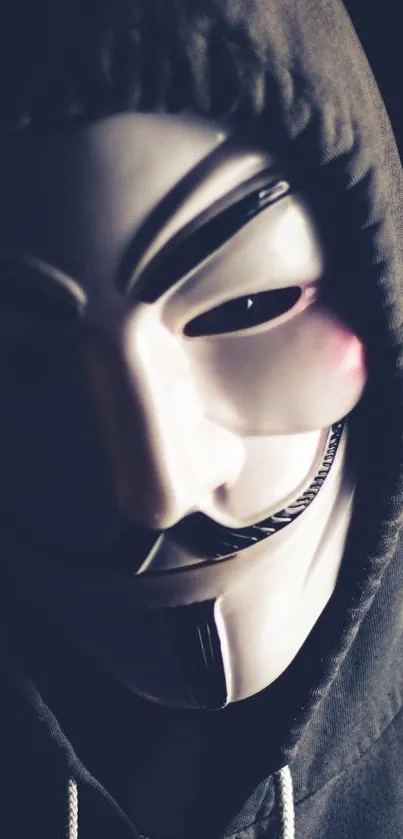 Anonymous mask in hoodie with dark shadows for phone wallpaper.