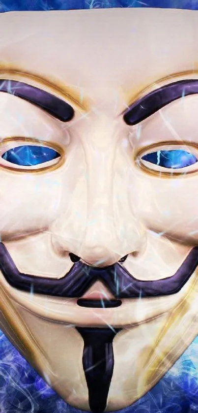 Anonymous mask surrounded by vibrant blue smoke on a dark background.