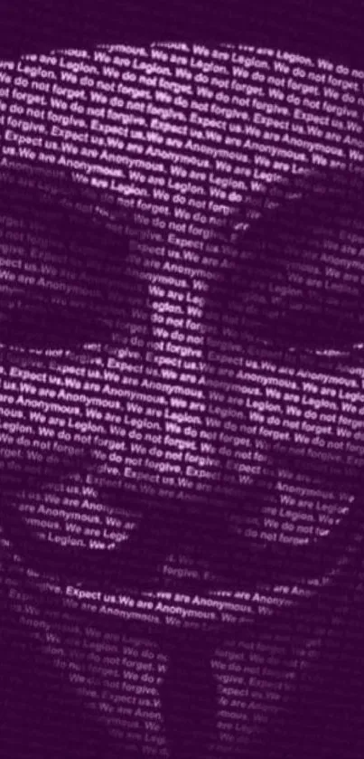 An artistic mobile wallpaper of an Anonymous mask formed by text in purple tones.