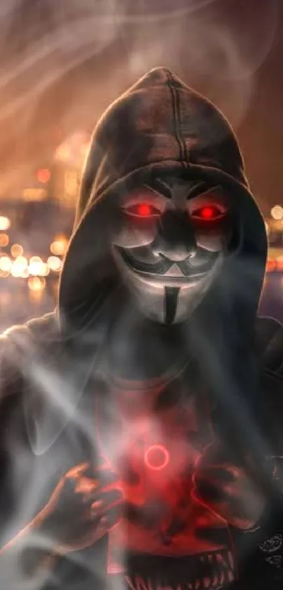 Anonymous mask with glowing red eyes against city lights background.