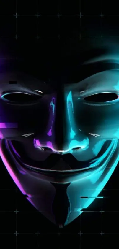 Neon mask with glitch effects on dark background.