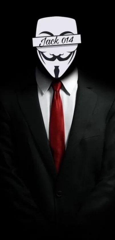 Sleek mobile wallpaper featuring masked figure in suit with red tie on black background.