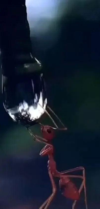 An ant drinking from a droplet at night.