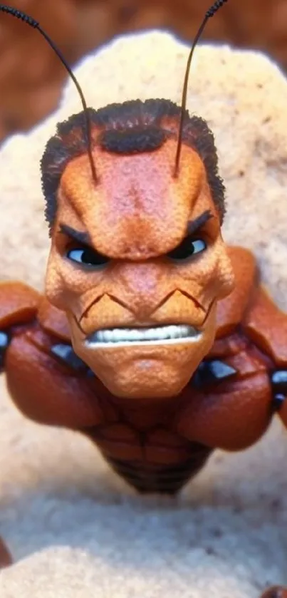 Fierce ant warrior sculpture on rocky backdrop.
