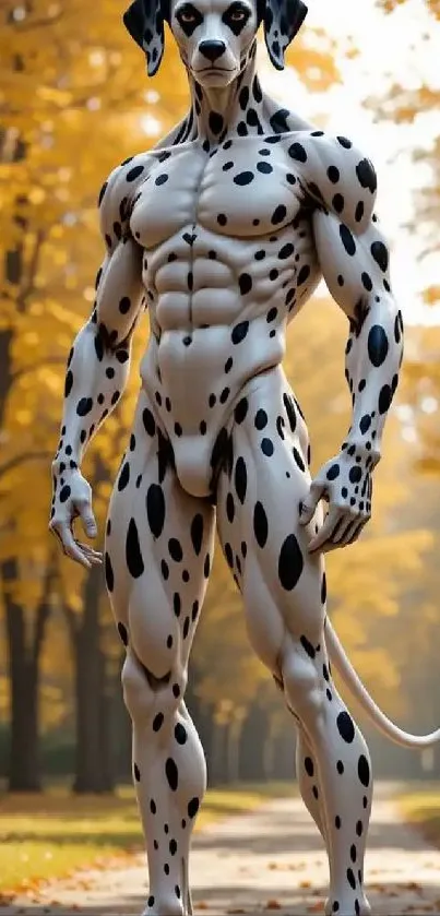 Anthropomorphic Dalmatian standing in autumn forest pathway.
