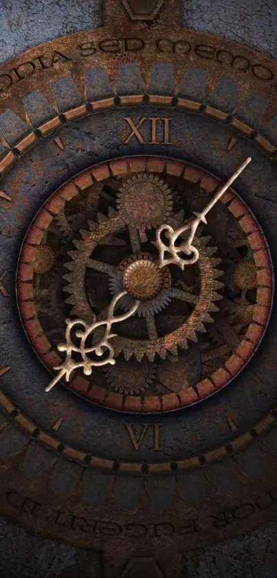 Intricate antique clockwork mobile wallpaper with gears and Roman numerals.