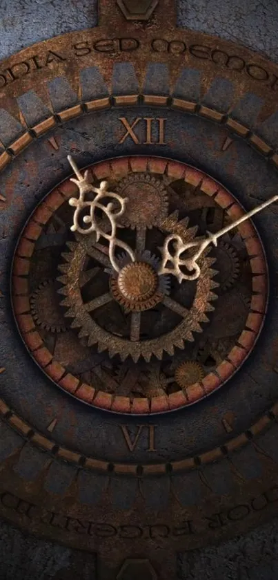 Intricate antique gear clock with Roman numerals.