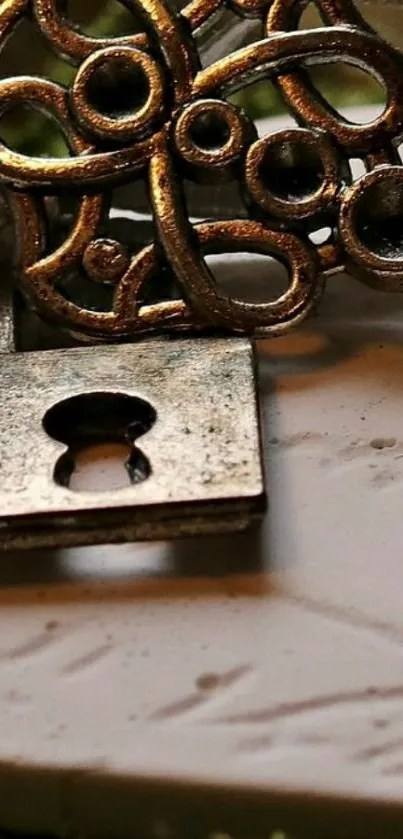 Antique golden key and lock on a rustic surface mobile wallpaper.