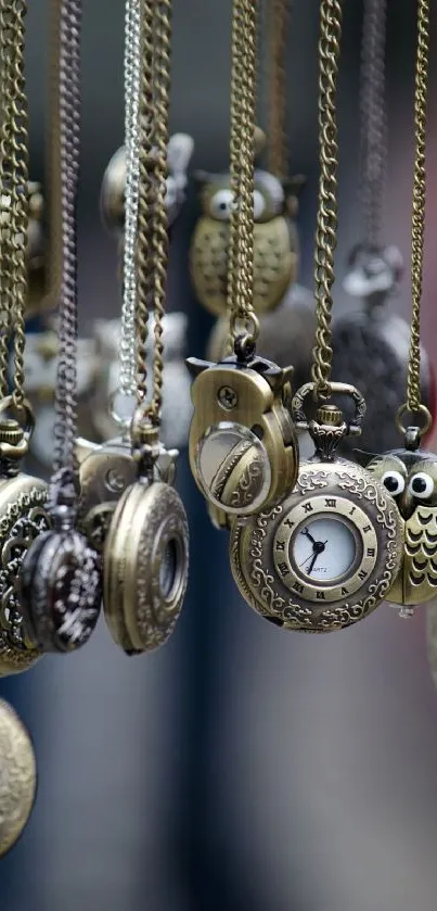 Elegant collection of antique pocket watches with intricate designs on chains.