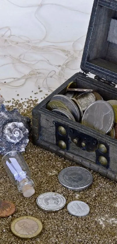 Antique treasure chest with coins and seashells on sandy background.