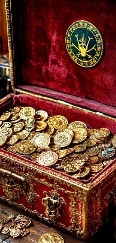 Ornate antique treasure chest filled with gold coins.