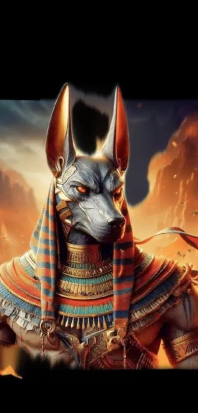 Anubis guardian with vibrant Egyptian backdrop.