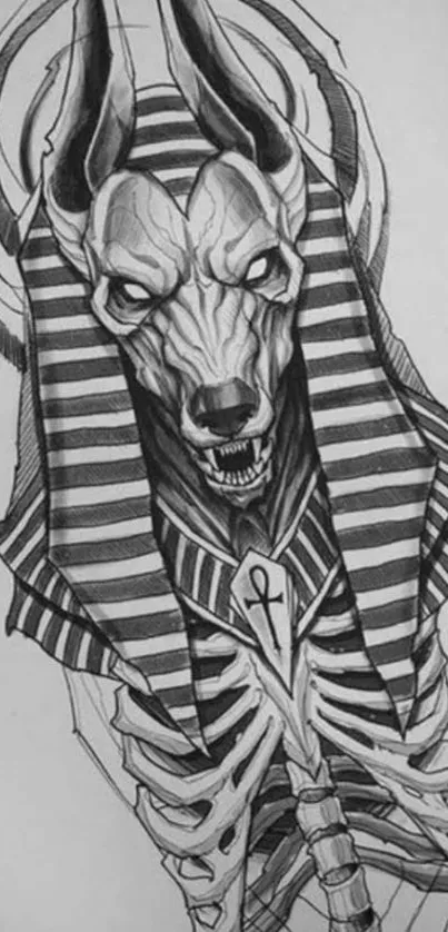 Grayscale drawing of Anubis skull in Egyptian style.