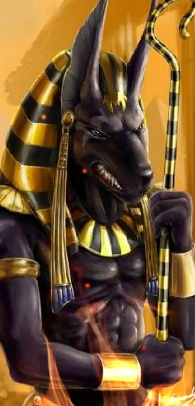 Anubis-themed mobile wallpaper with Egyptian designs and golden hues.