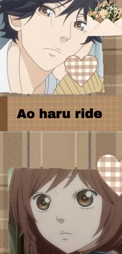 Ao Haru Ride anime wallpaper with checkered hearts and character art.