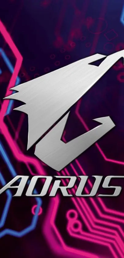 Aorus logo with vibrant pink circuit lines on dark background.