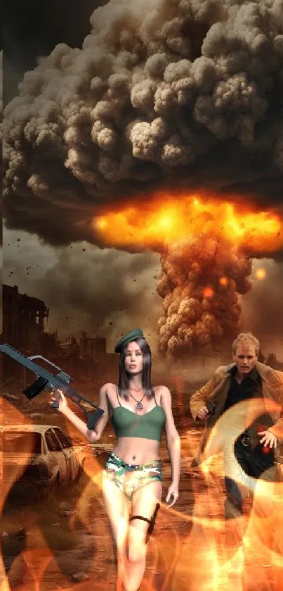 Apocalyptic scene with explosion and action.