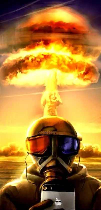 Fiery explosion art with masked figure in vibrant apocalyptic setting.