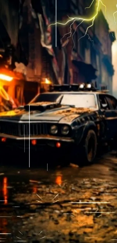 An apocalyptic car in a stormy city with lightning and dark tones.