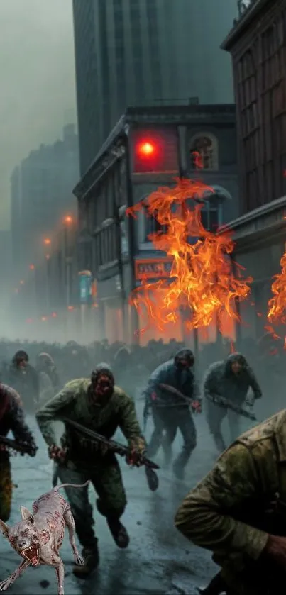 Zombie horde attacking city, flames rise high.