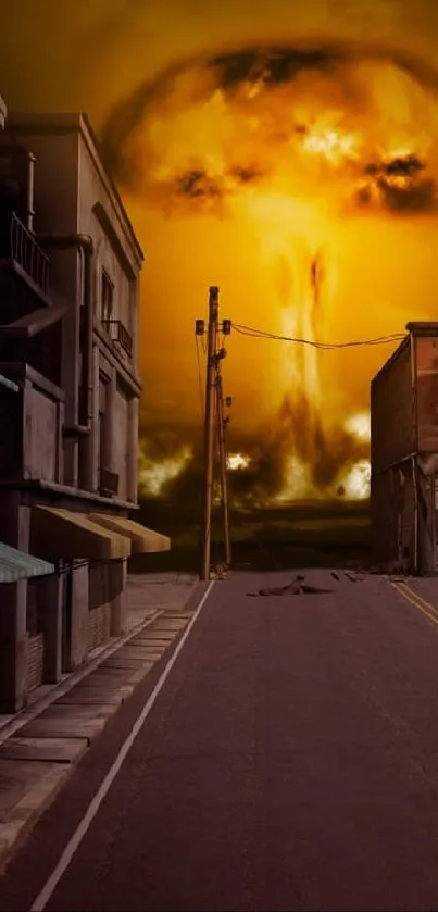 Apocalyptic city with explosion and smoke in the sky.