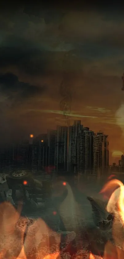 Dark apocalyptic cityscape with burning buildings and ominous sky.