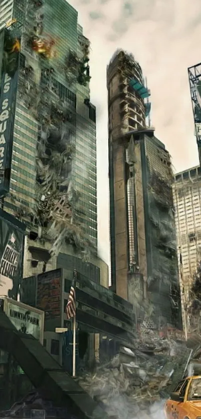 Dystopian cityscape depicting ruined skyscrapers and chaotic streets.