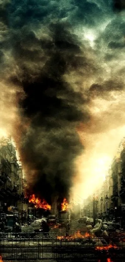 Apocalyptic cityscape with fiery skies and burning buildings.